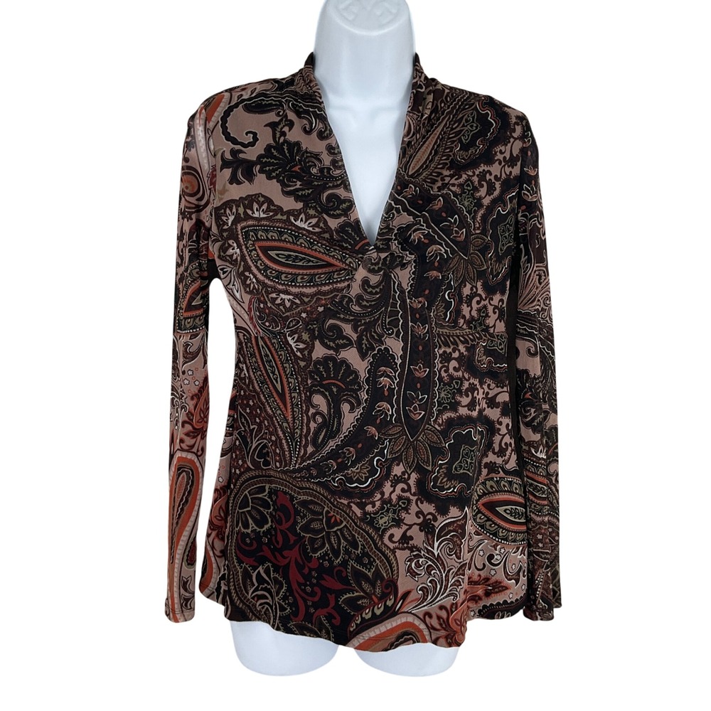 INC Mesh Top Women M Brown Paisley‎ Babydoll Vtg Boho Y2K Earthy Whimsical Indie